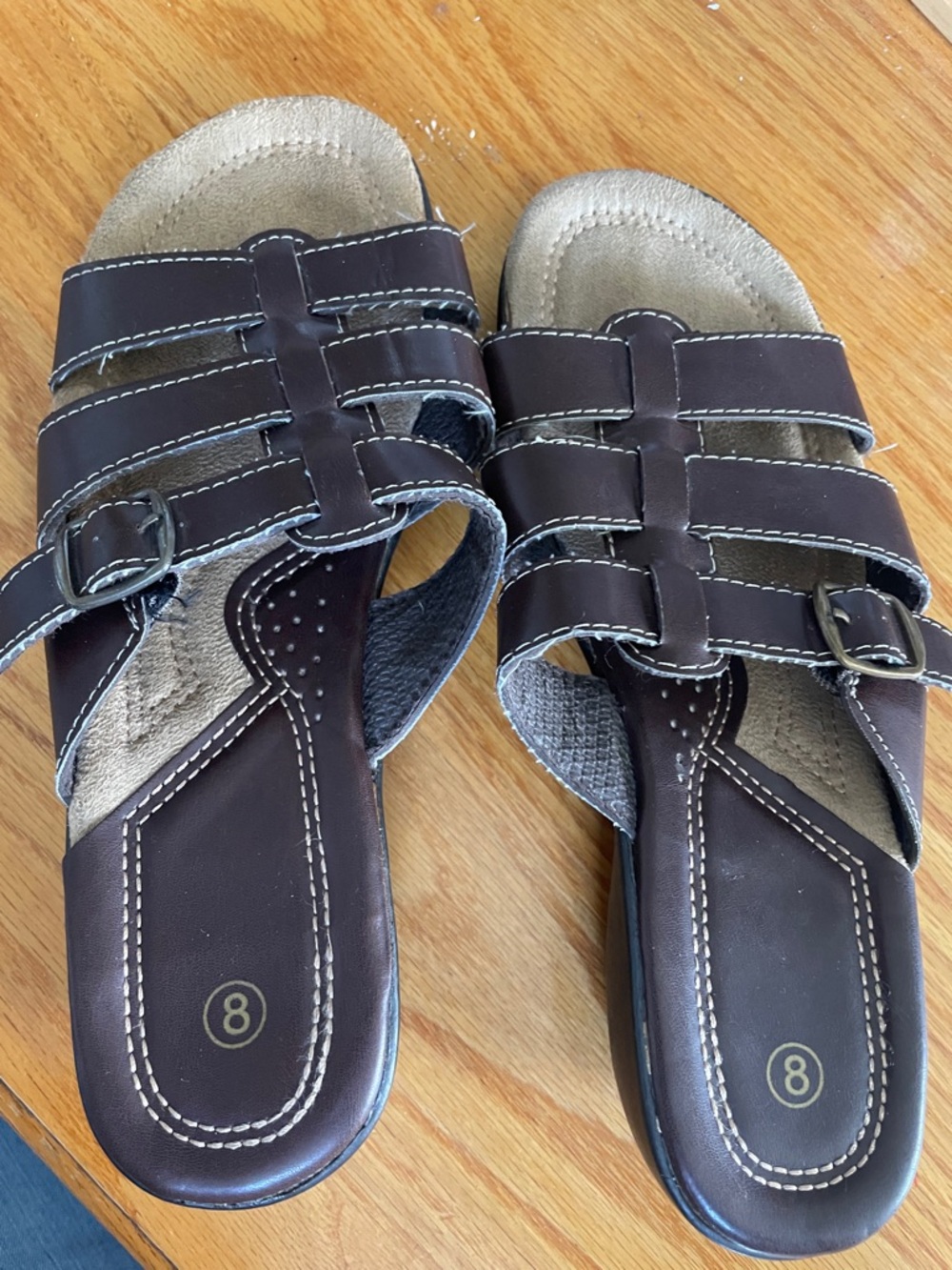 Brown Strappy Slide Sandals - Size 8